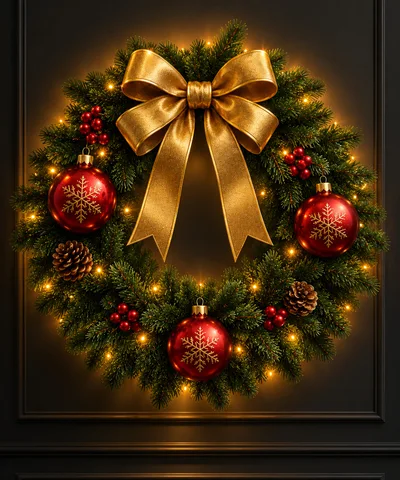 Elegant Christmas Wreath With Gold Bow And Ornaments
