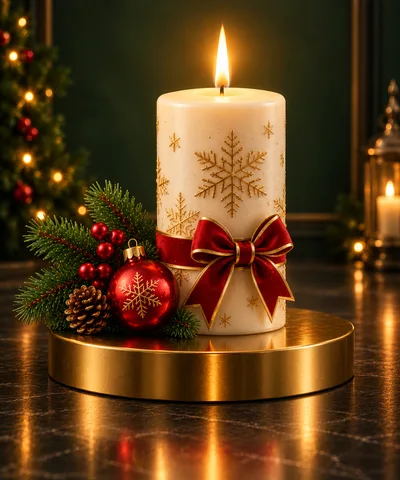 Christmas Candle With Snowflake Decor And Red Bow