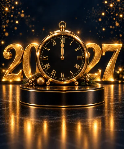 Golden 2027 New Year Clock on Pedestal