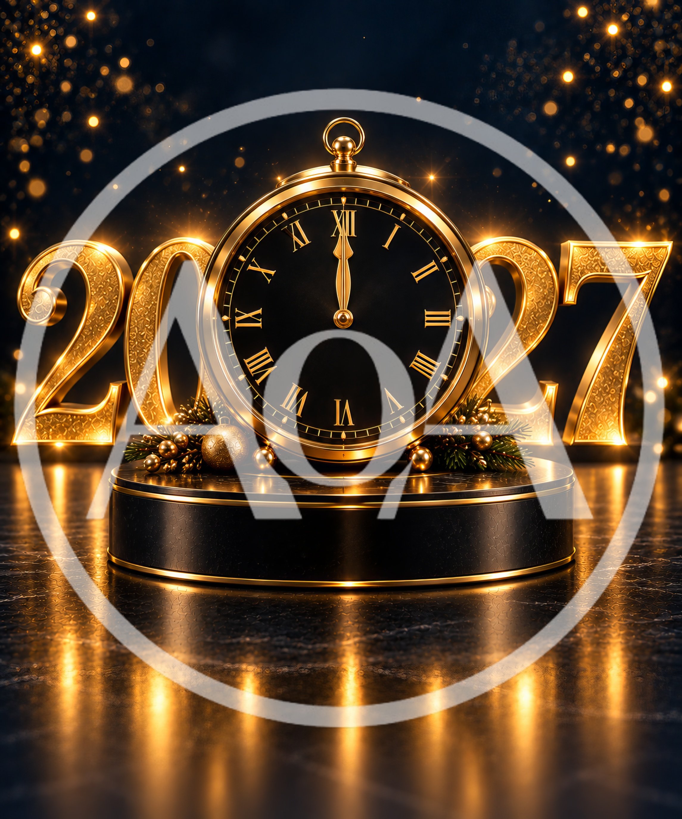 Golden 2027 New Year Clock on Pedestal