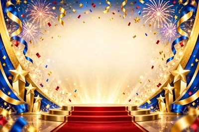 Red Carpet Award Stage With Fireworks And Gold Stars