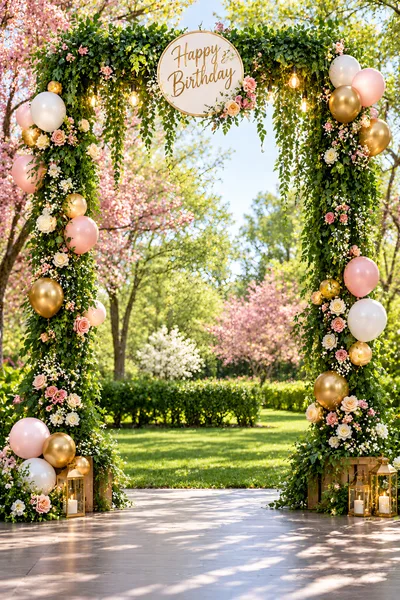 Floral Birthday Archway Decoration in Sunny Garden
