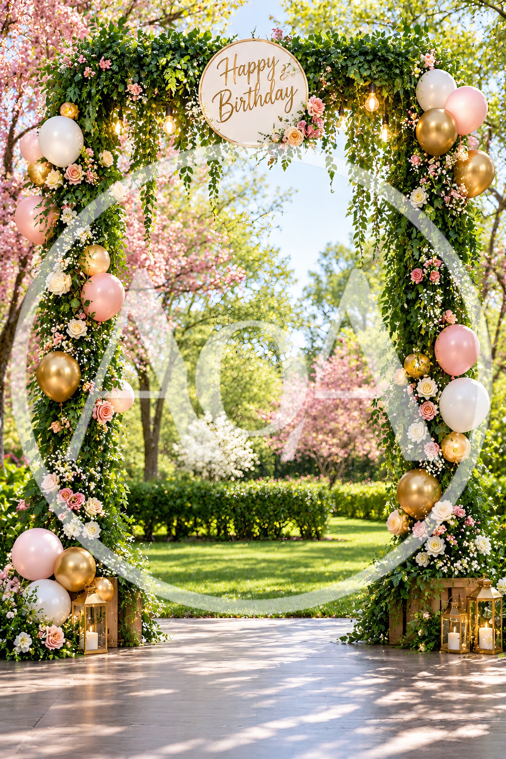 Floral Birthday Archway Decoration in Sunny Garden