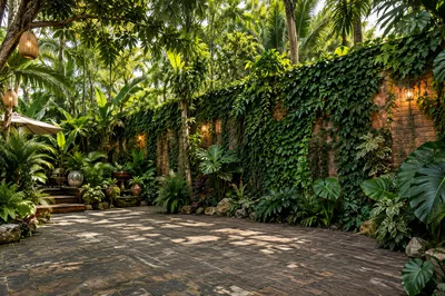 Lush Tropical Garden Courtyard With Brick Wall
