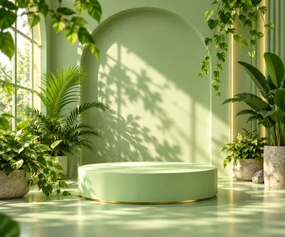 Minimalist Green Pedestal Display With Tropical Plants