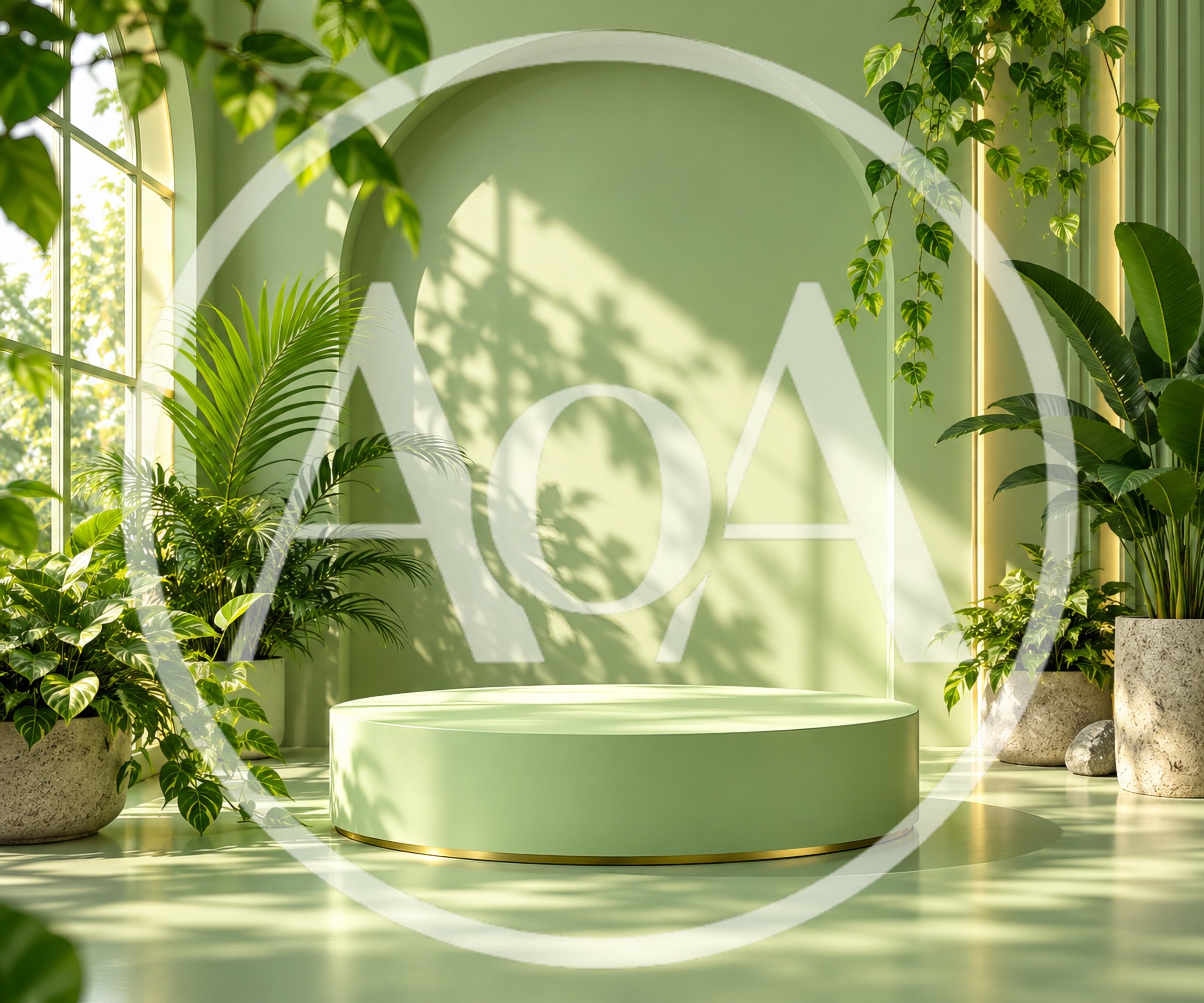 Minimalist Green Pedestal Display With Tropical Plants