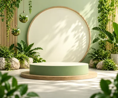 Minimalist Green Circular Product Display Podium With Tropical Plants