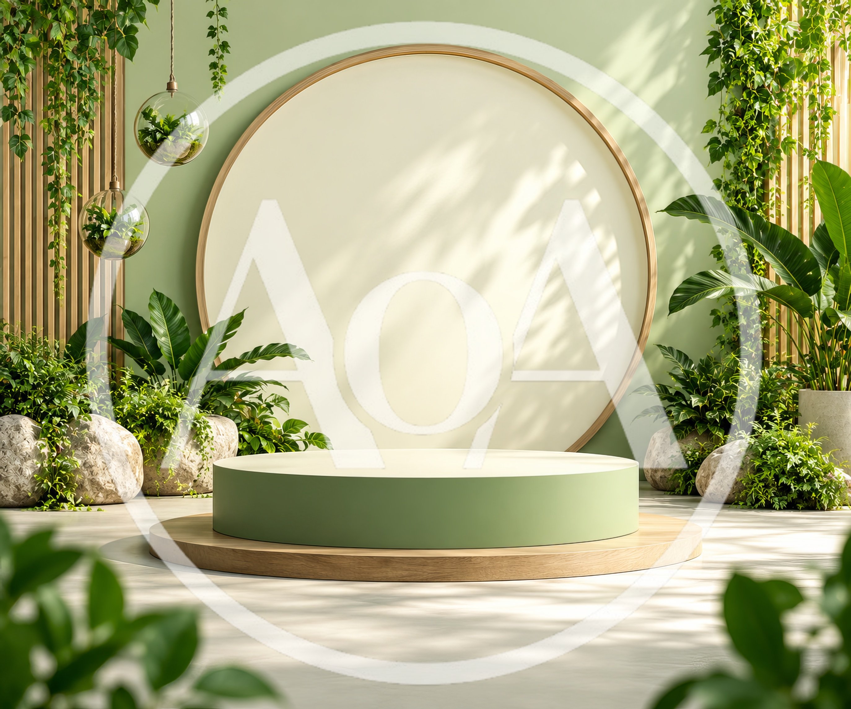 Minimalist Green Circular Product Display Podium With Tropical Plants