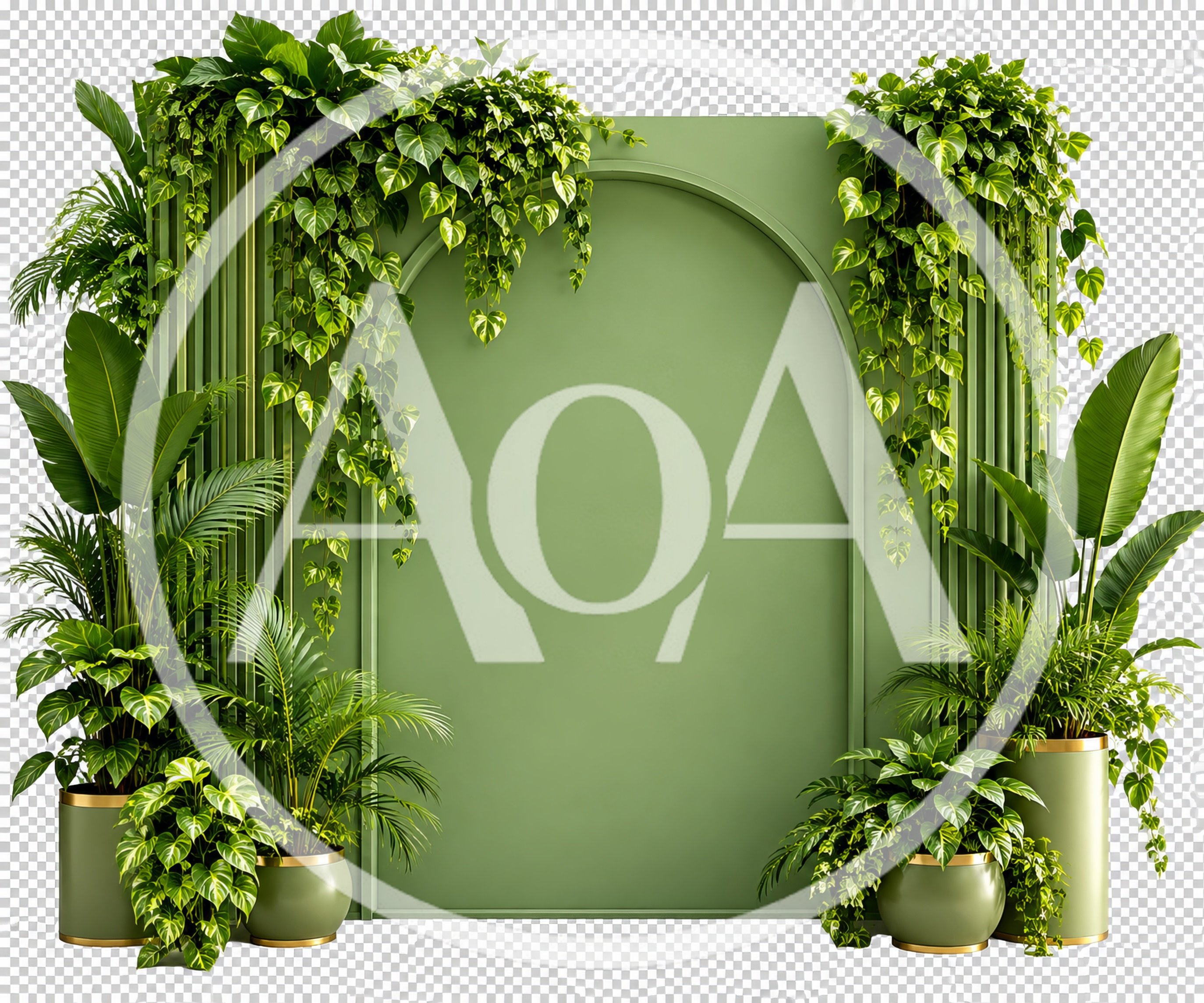 Green Archway Backdrop With Potted Tropical Plants