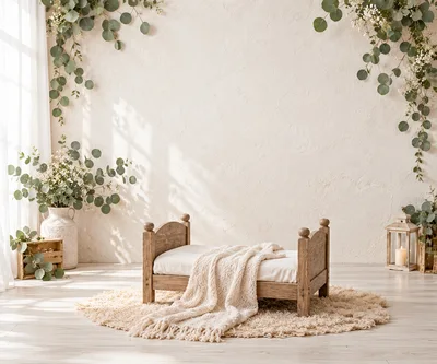 Newborn Photography Prop Bed With Eucalyptus Decor