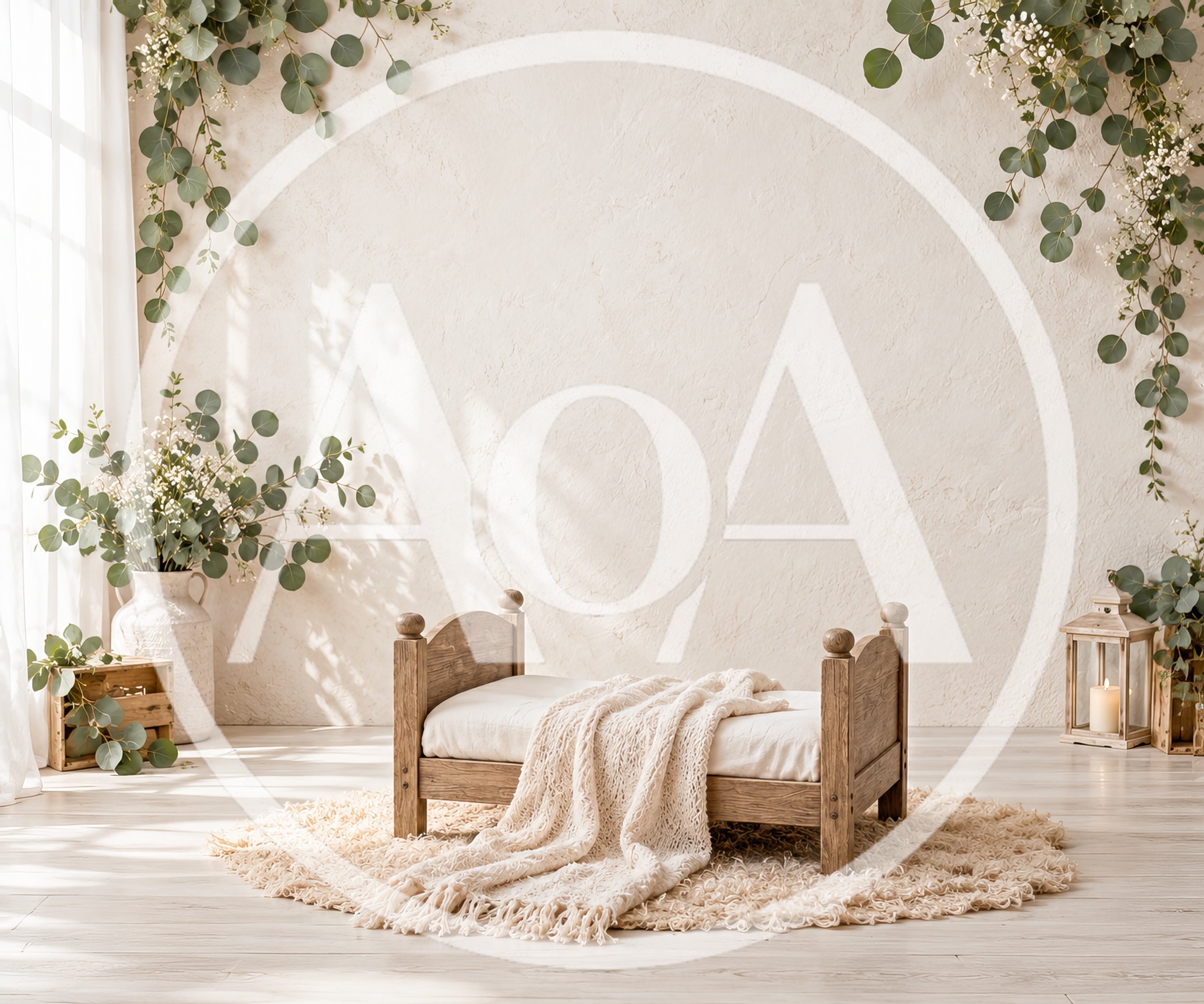 Newborn Photography Prop Bed With Eucalyptus Decor