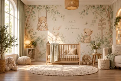 Cozy Nursery Room With Watercolor Animal Wall Mural