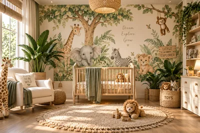 Cozy Safari Themed Nursery With Crib And Animal Decor