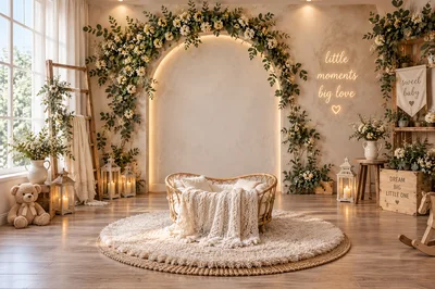 Boho Newborn Photography Studio Set With Rattan Bed