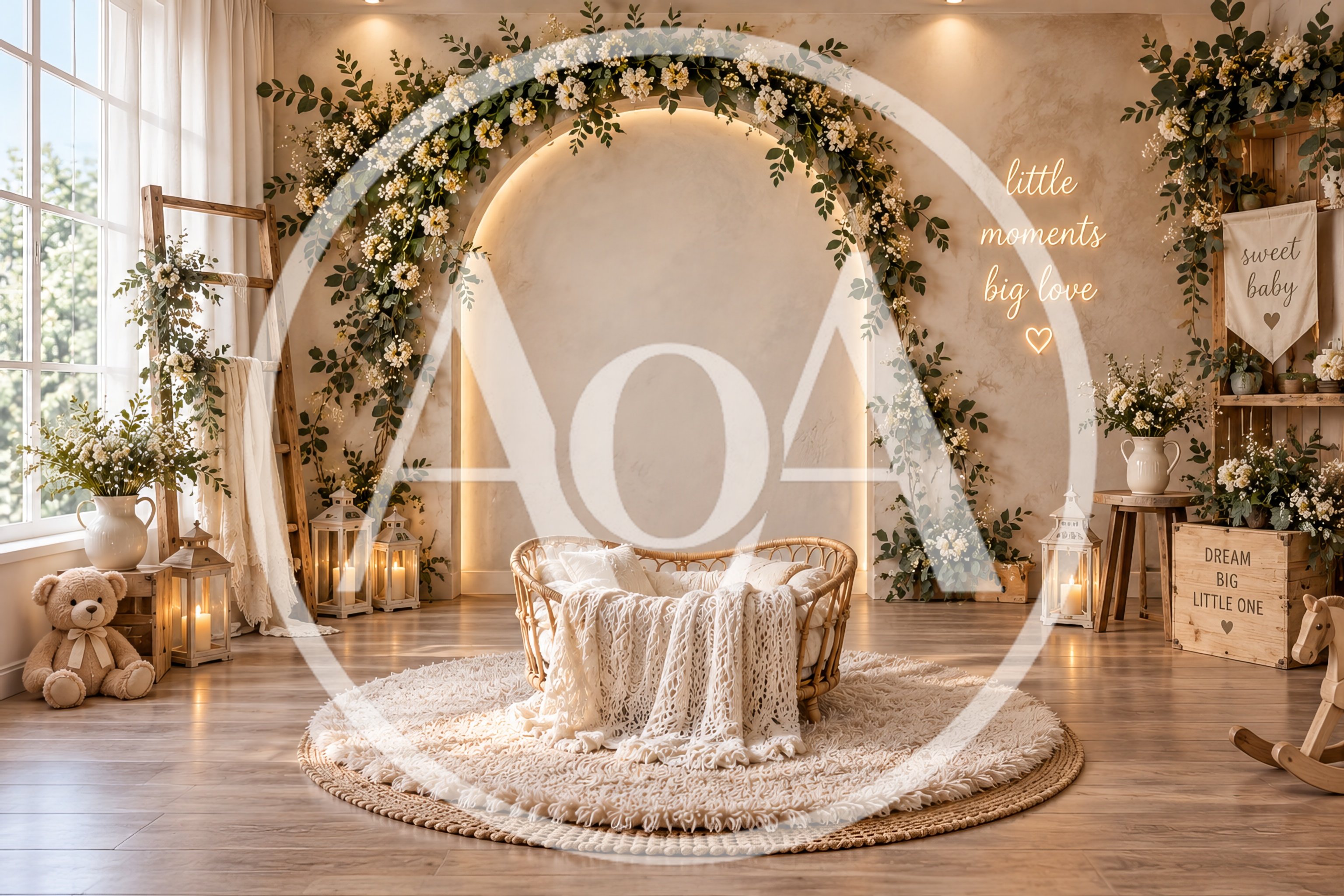 Boho Newborn Photography Studio Set With Rattan Bed