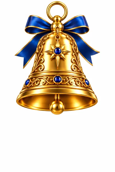 Golden Christmas Bell With Blue Ribbon And Gemstones
