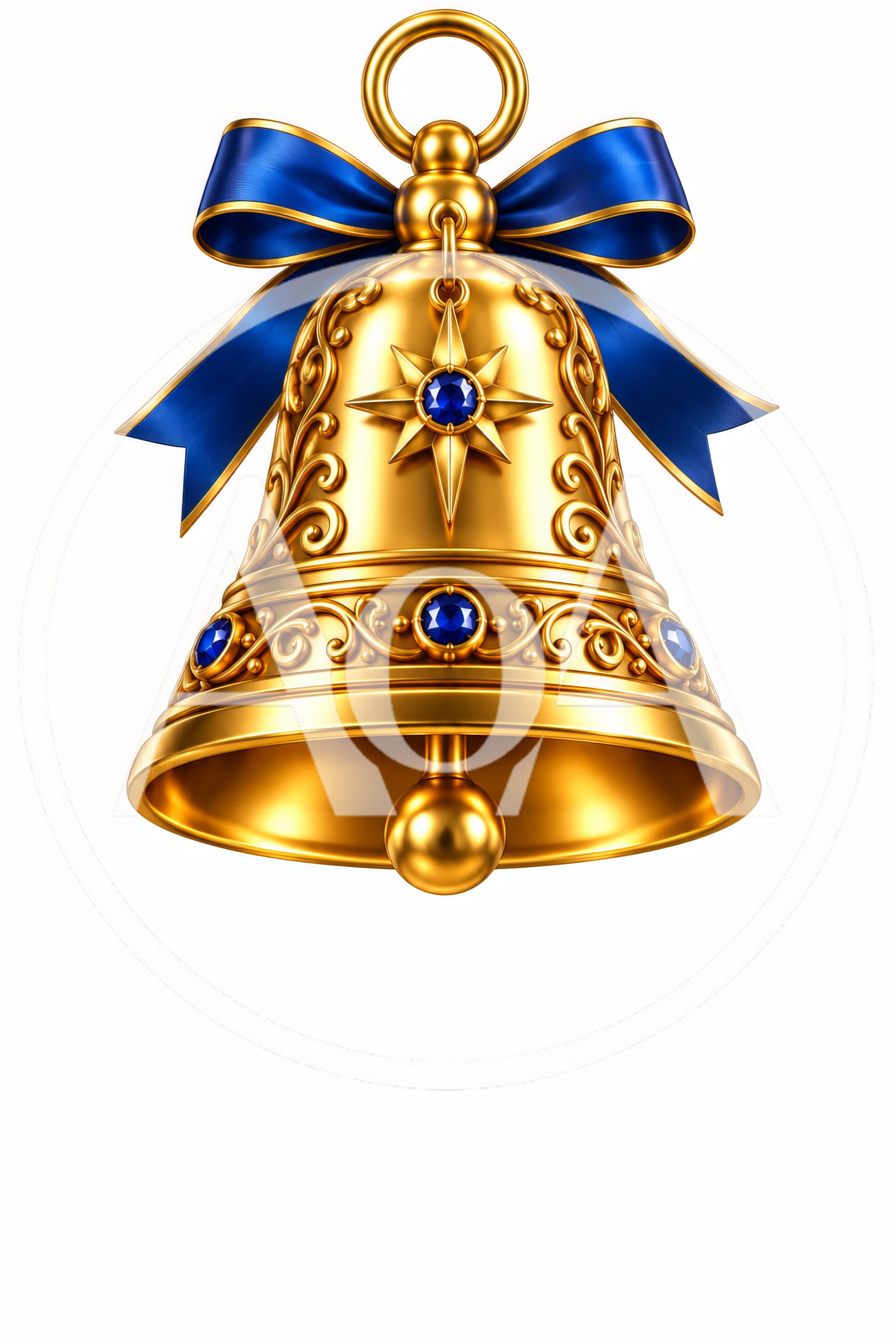 Golden Christmas Bell With Blue Ribbon And Gemstones