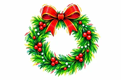Hand Drawn Christmas Wreath With Red Bow