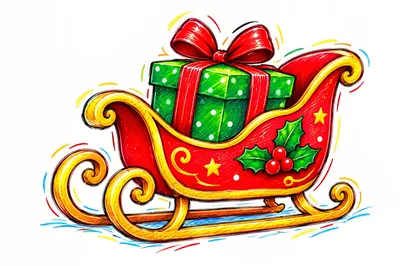 Christmas Sleigh With Green Gift Box Illustration