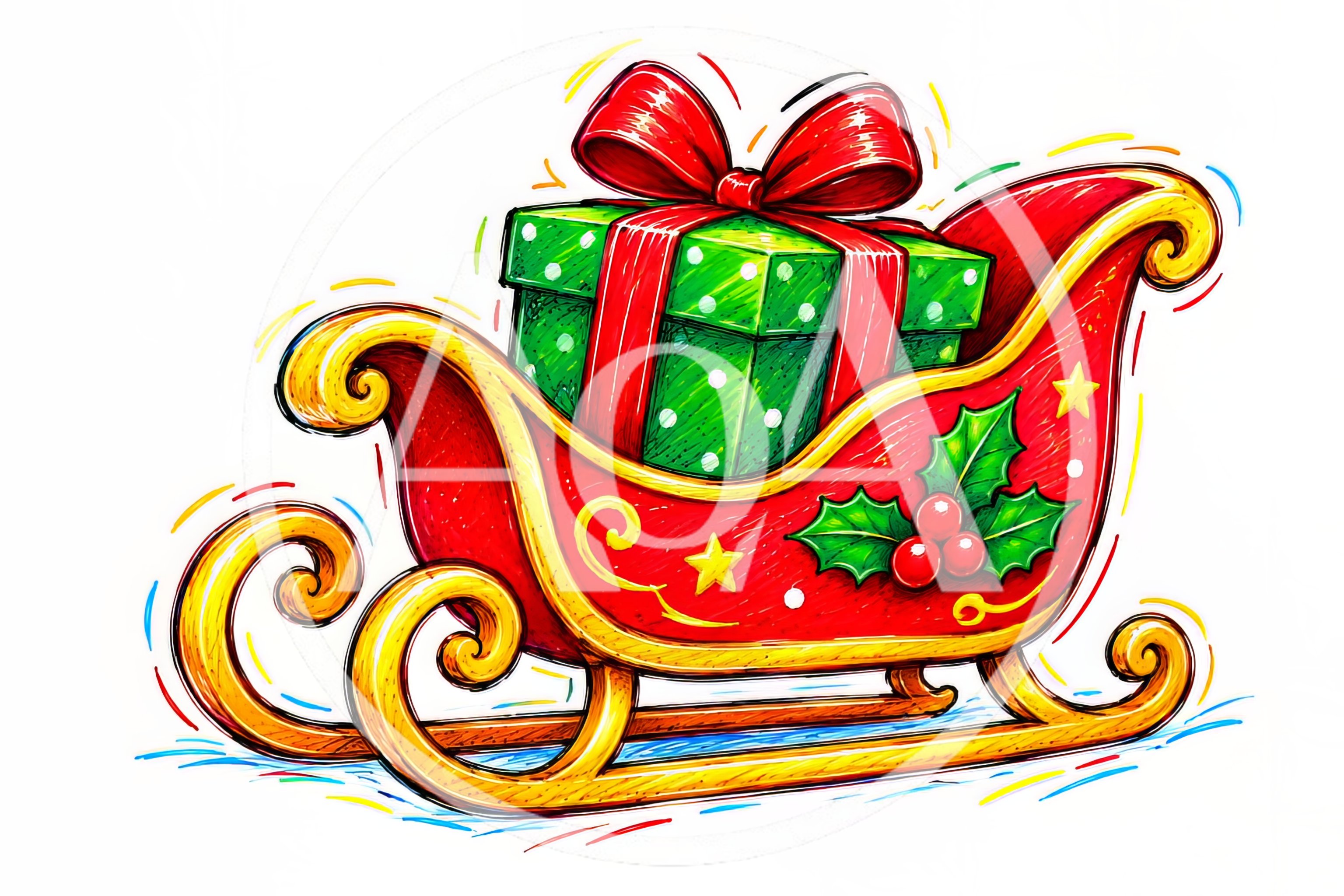Christmas Sleigh With Green Gift Box Illustration