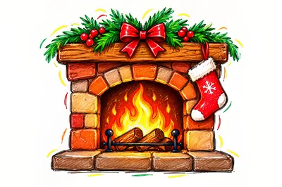 Illustrated Christmas Fireplace With Stocking And Garland