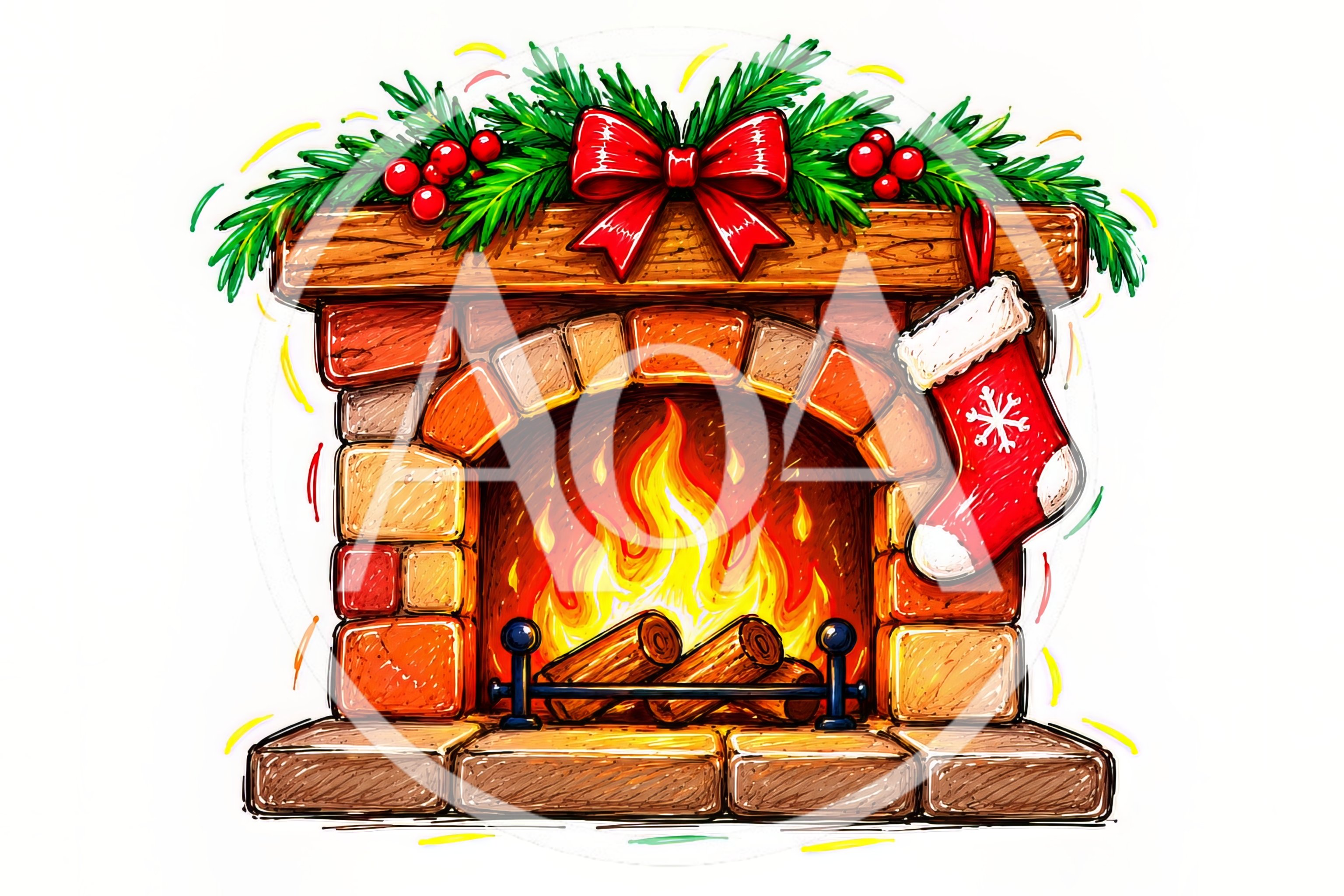 Illustrated Christmas Fireplace With Stocking And Garland