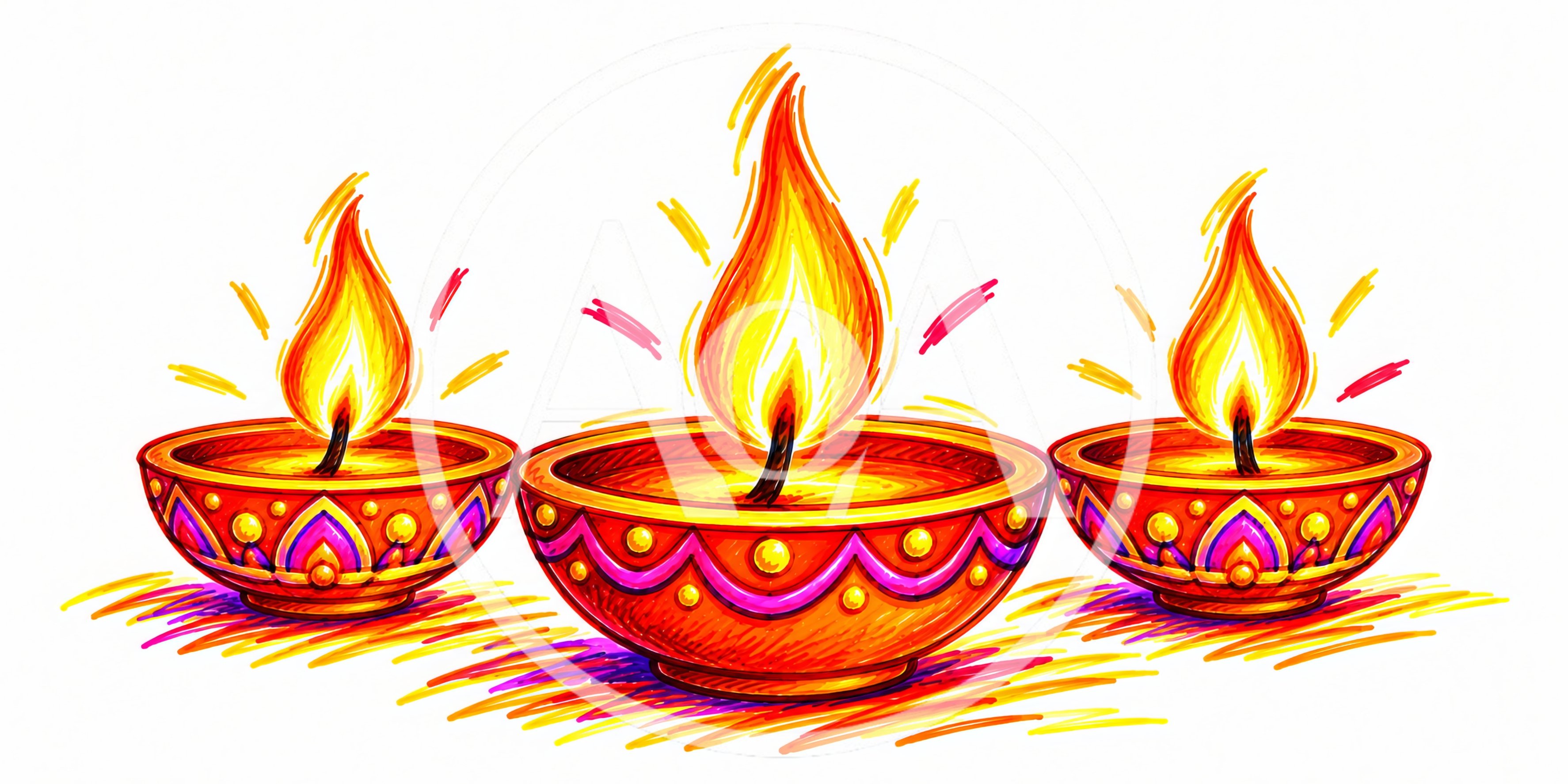 Three Decorative Diya Oil Lamps For Diwali Celebration