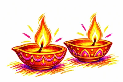 Hand Drawn Illustration Of Two Lit Diwali Diyas