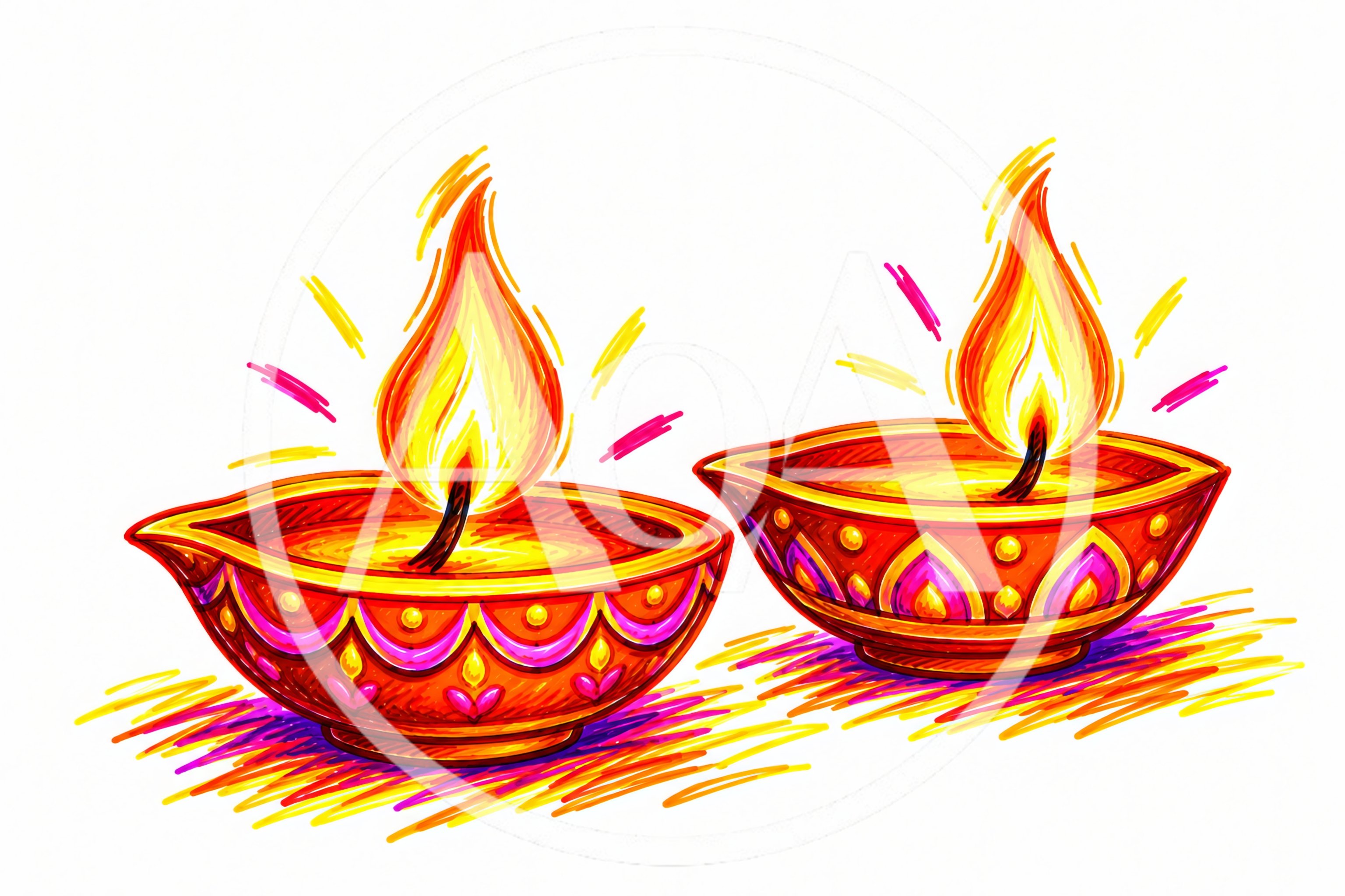 Hand Drawn Illustration Of Two Lit Diwali Diyas
