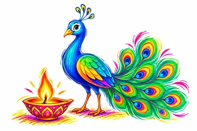 Colorful Peacock Illustration With Traditional Diya Lamp