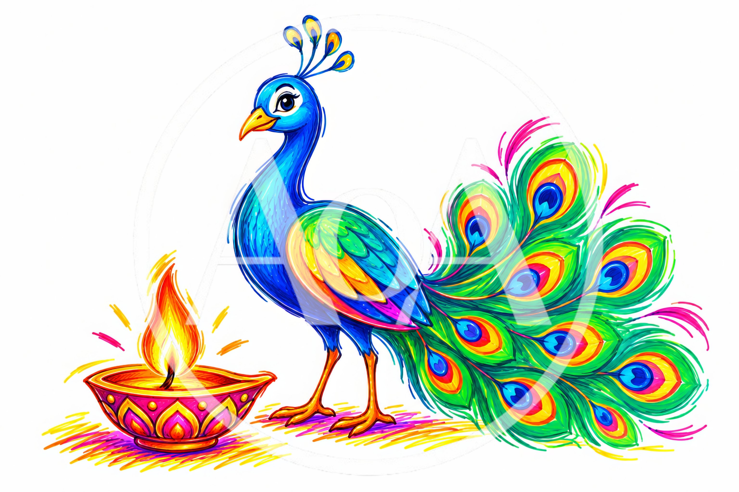 Colorful Peacock Illustration With Traditional Diya Lamp