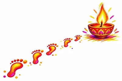 Diwali Festival Illustration With Footprints And Lit Diya