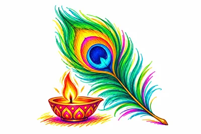 Vibrant Peacock Feather And Lit Diya Oil Lamp