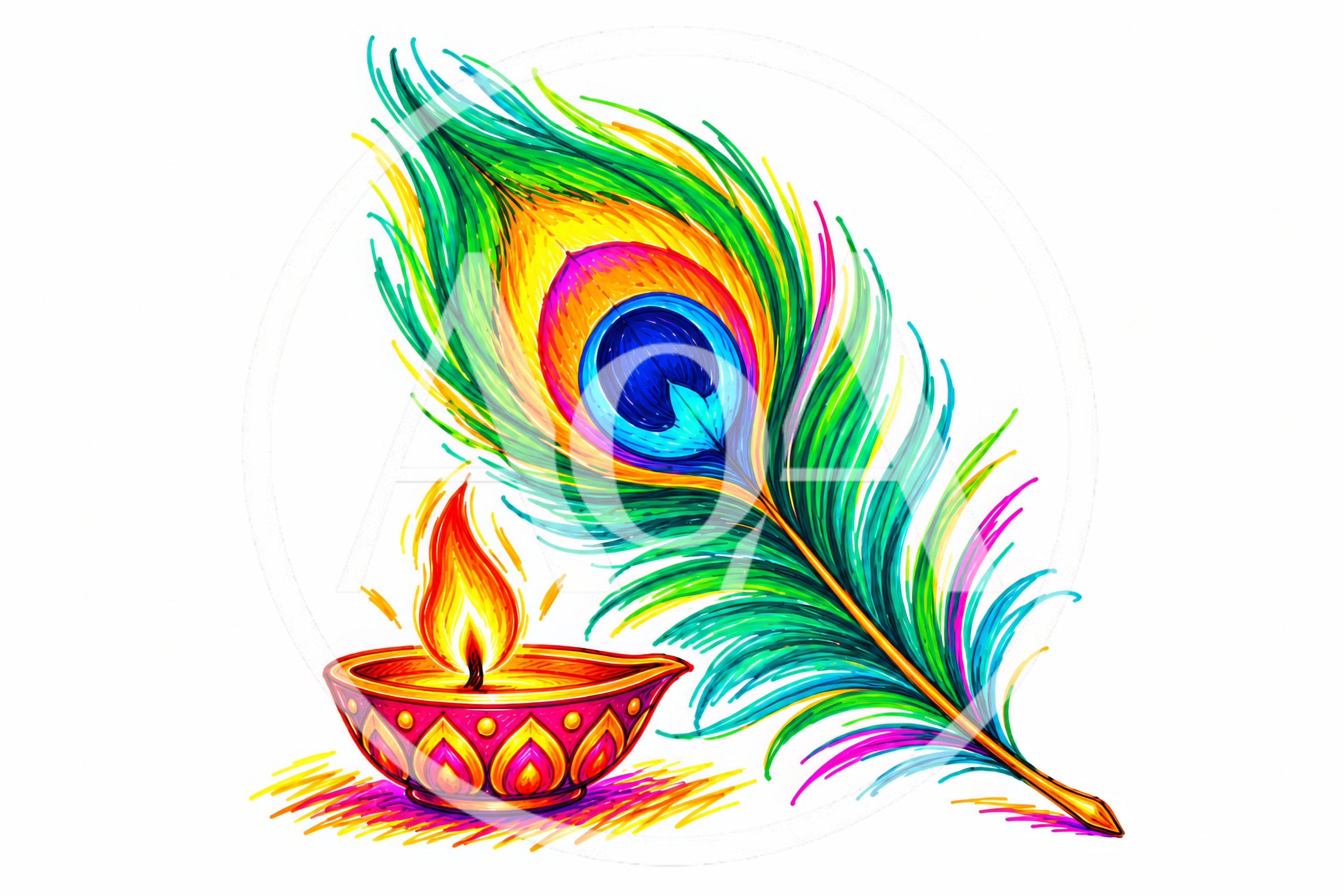 Vibrant Peacock Feather And Lit Diya Oil Lamp