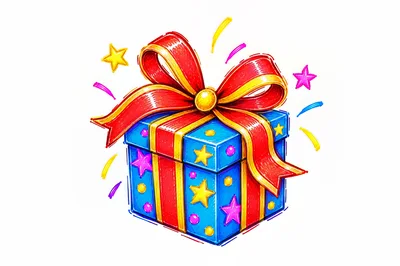 Illustrated Blue Gift Box With Red Ribbon