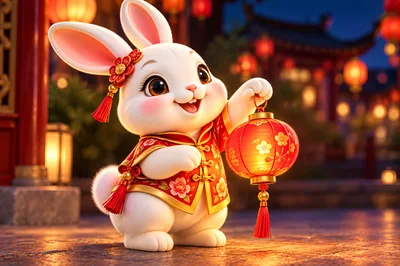 Cute Cartoon Rabbit Holding A Traditional Chinese Lantern