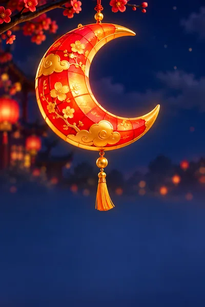 Crescent Moon Shaped Chinese Lantern Hanging From Tree