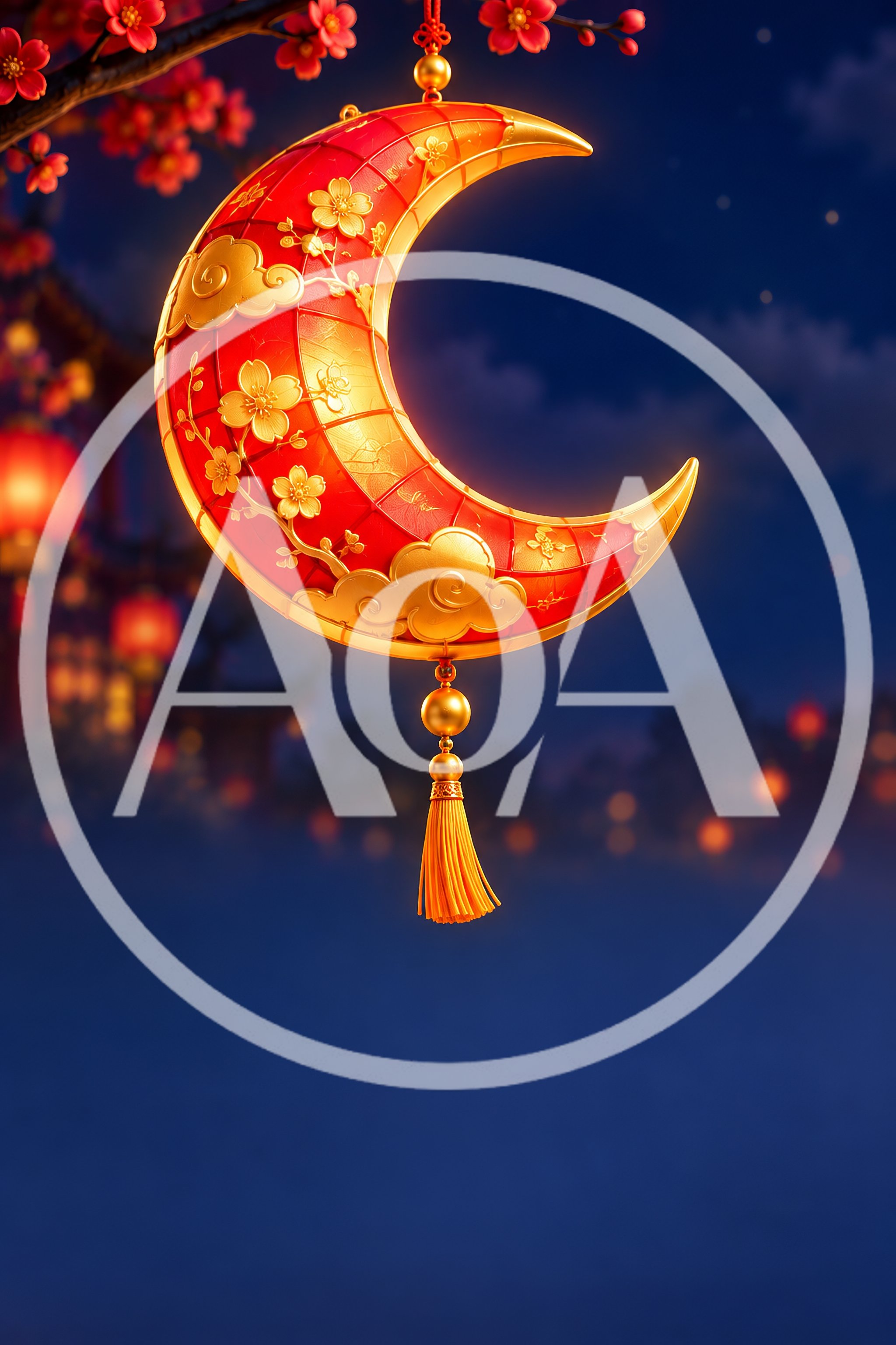 Crescent Moon Shaped Chinese Lantern Hanging From Tree