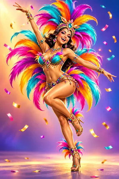 Brazilian Carnival Dancer Performing In Vibrant Feather Costume