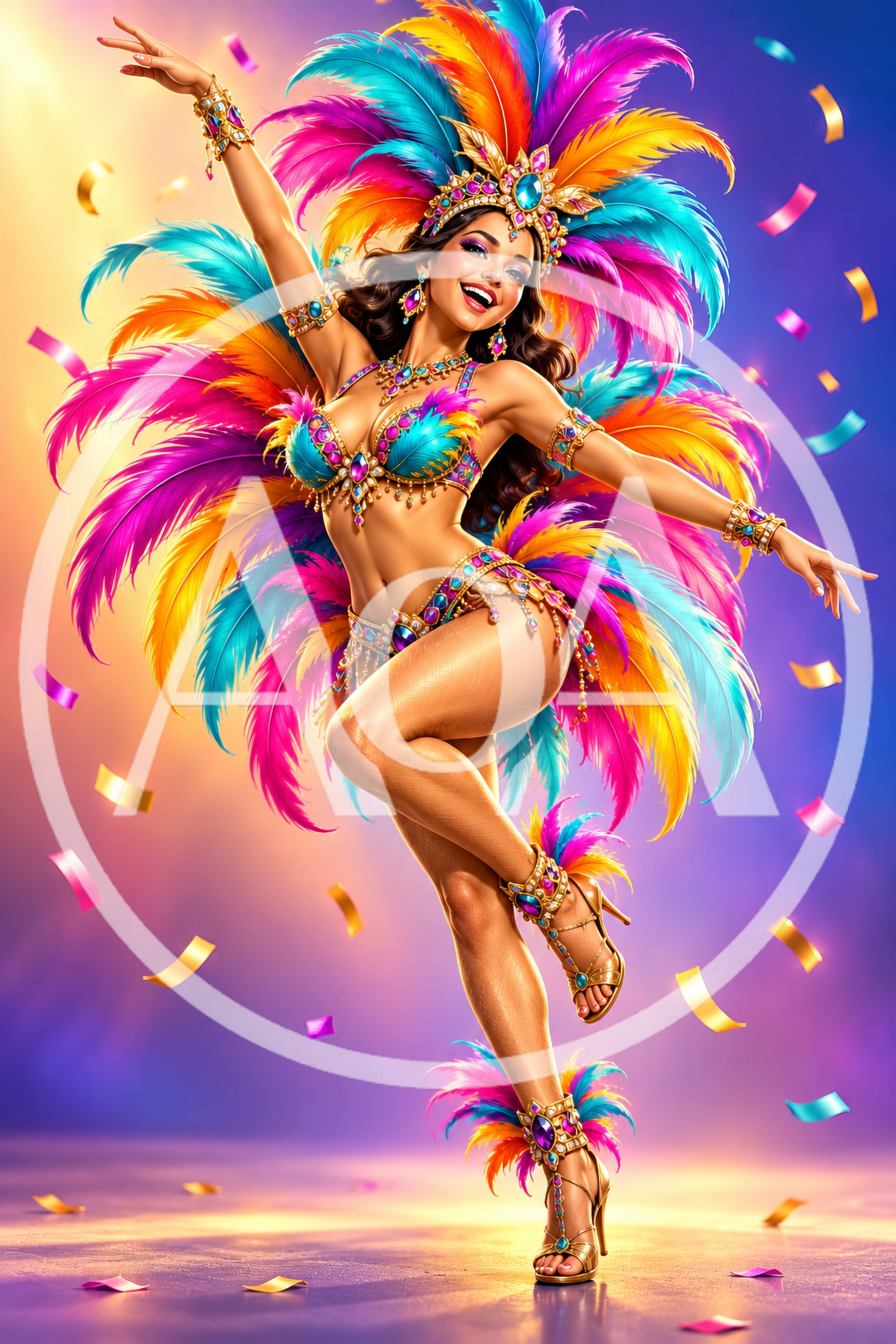 Brazilian Carnival Dancer Performing In Vibrant Feather Costume