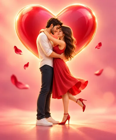 Romantic Couple Embracing In Front Of A Large Heart