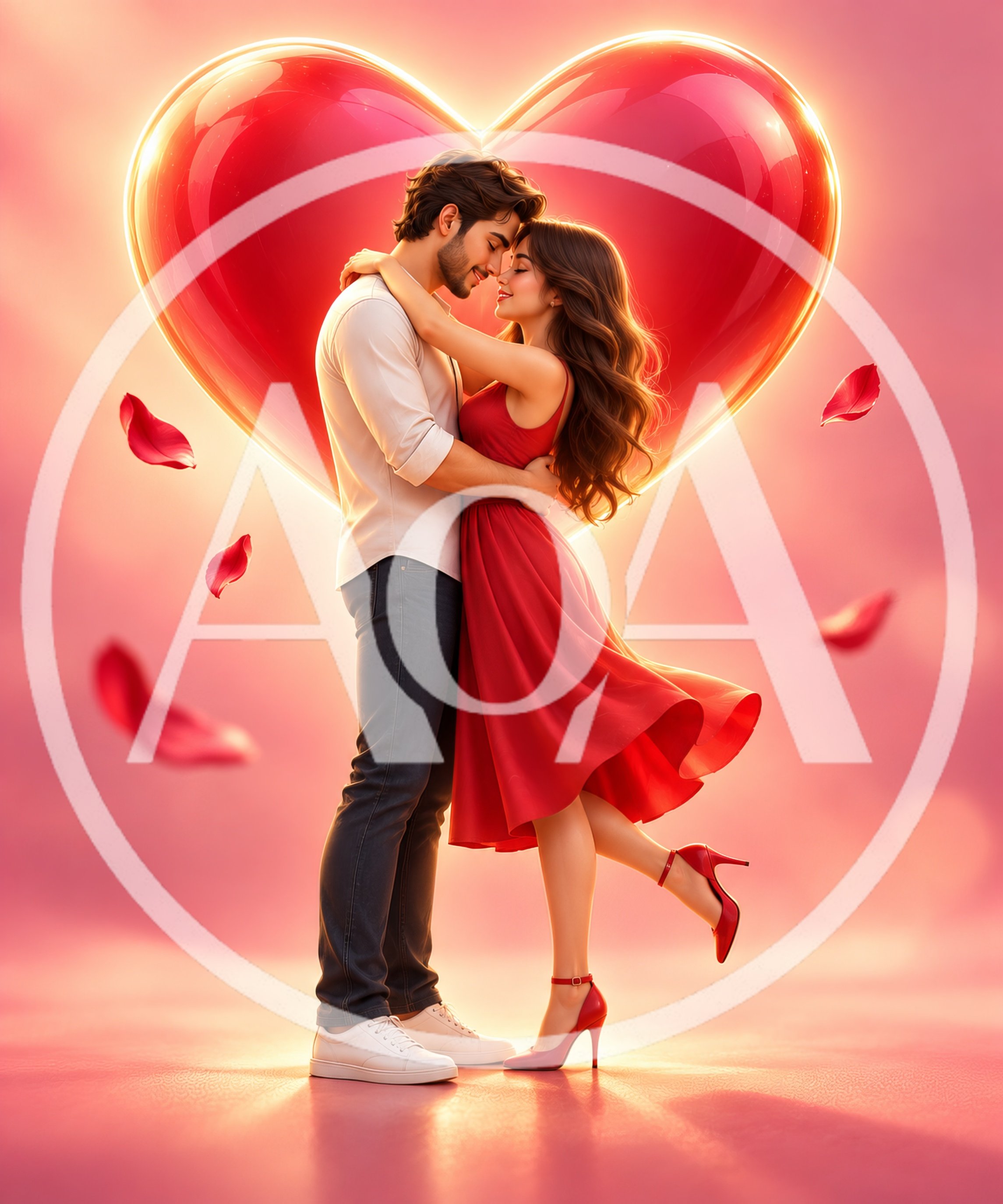 Romantic Couple Embracing In Front Of A Large Heart