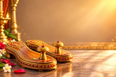 Traditional Wooden Paduka Sandals With Gold And Ruby Accents