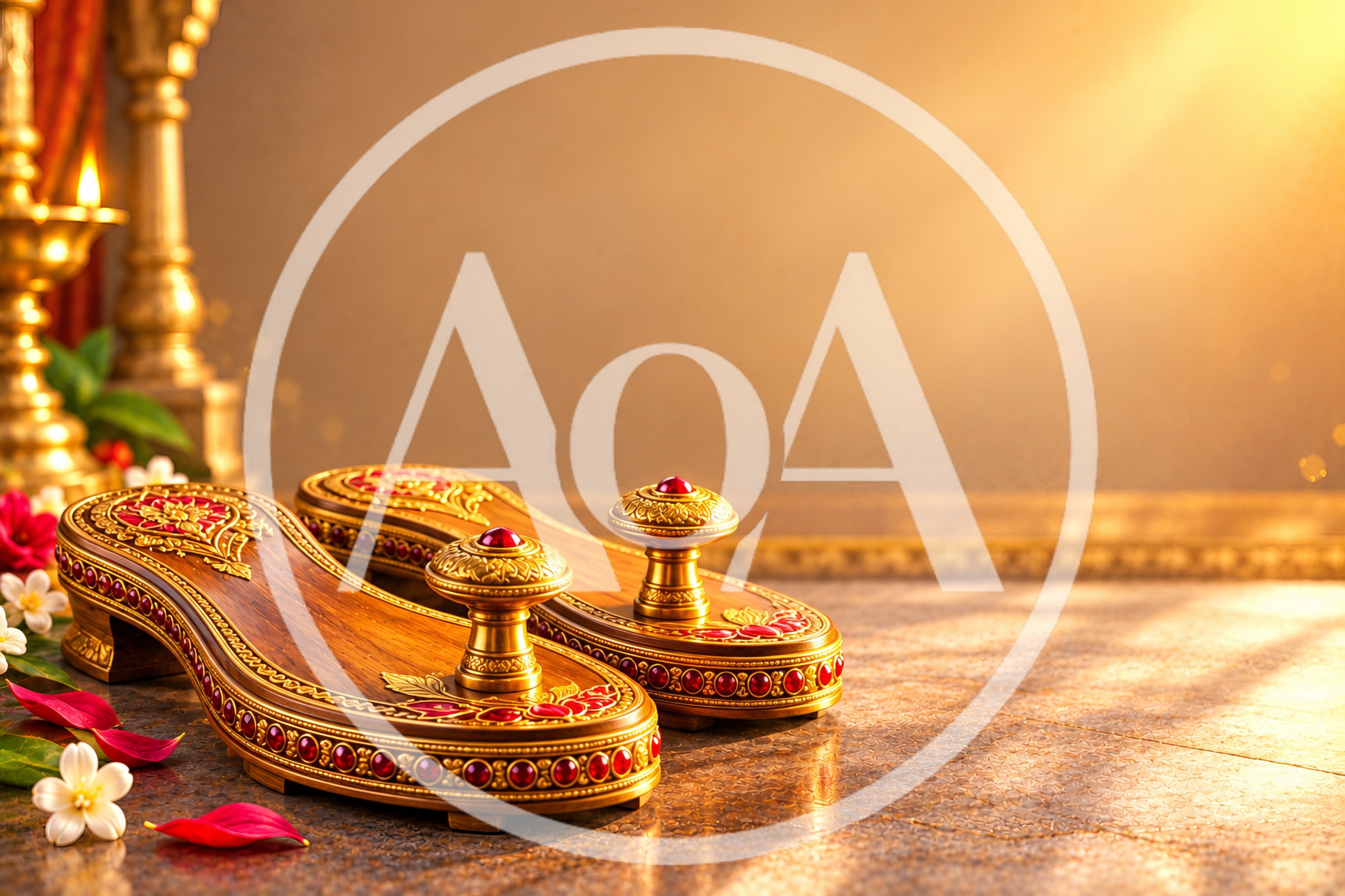 Traditional Wooden Paduka Sandals With Gold And Ruby Accents