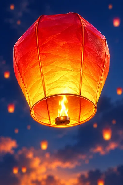 Glowing Paper Sky Lantern Floating In Twilight Sky