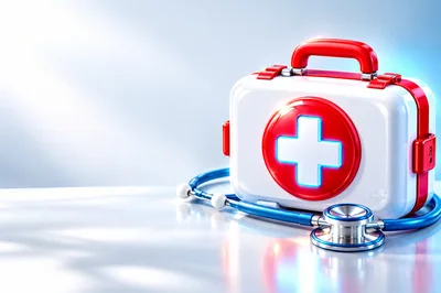 Medical First Aid Kit With Stethoscope On Table