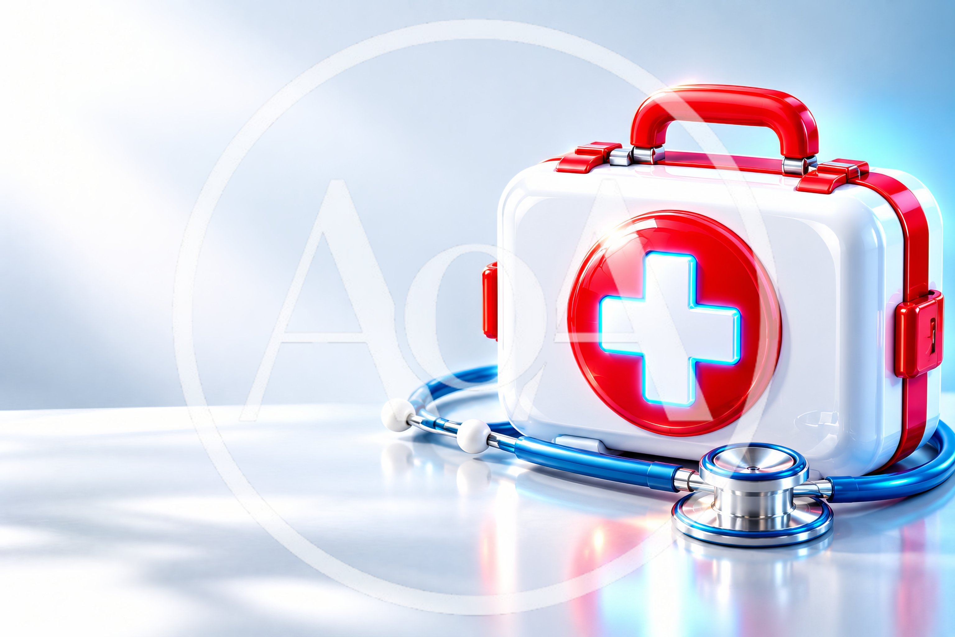 Medical First Aid Kit With Stethoscope On Table