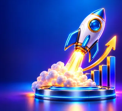3D Rocket Launching Over Financial Growth Bar Chart