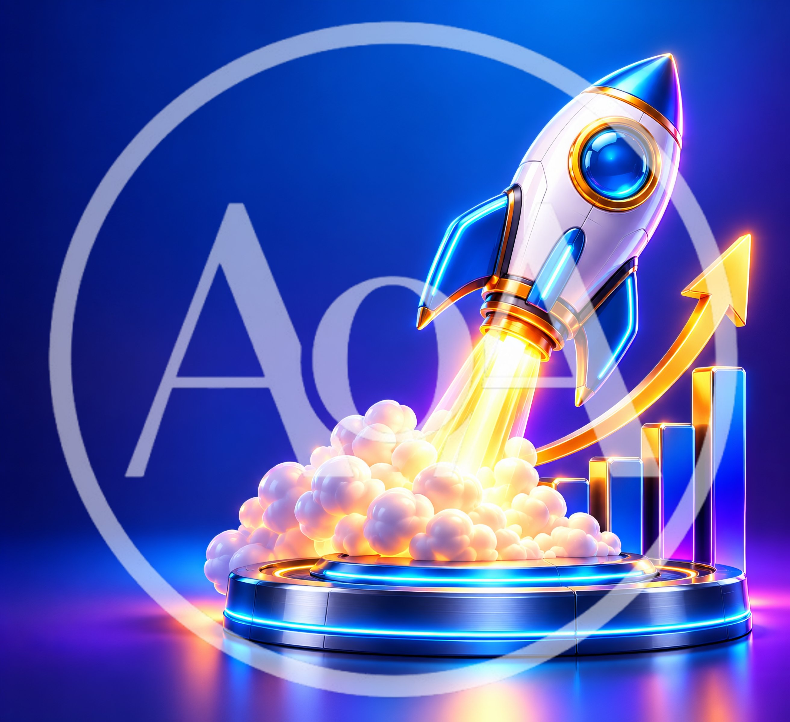 3D Rocket Launching Over Financial Growth Bar Chart