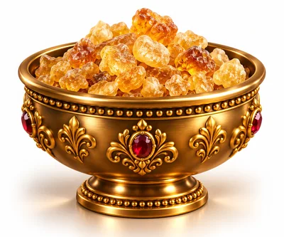 Golden Bowl Filled With Amber Resin Crystals